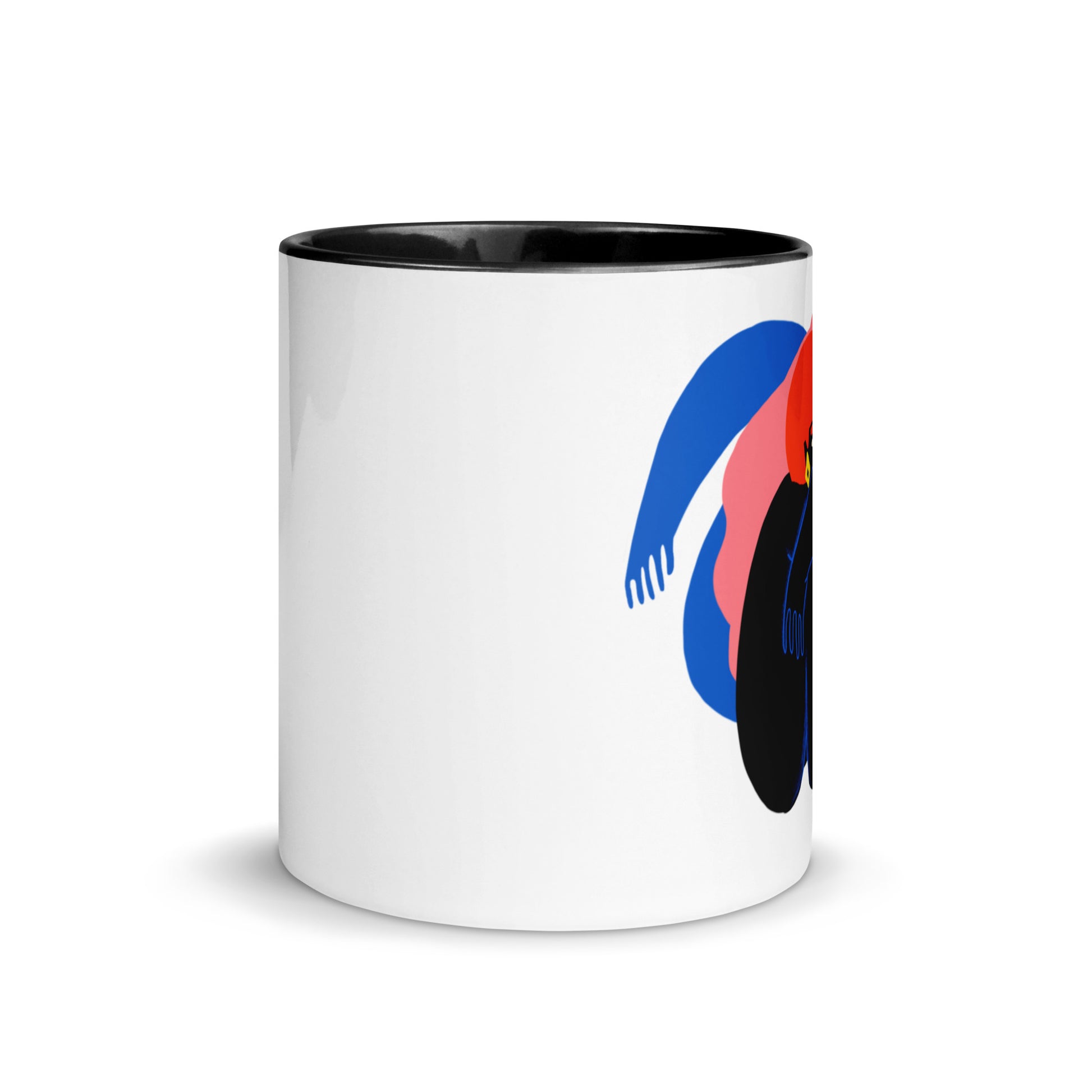 Ceramic coffee mug with "Flying Somewhere" artwork, featuring a simple, empowering design and colorful rim, handle, and interior.