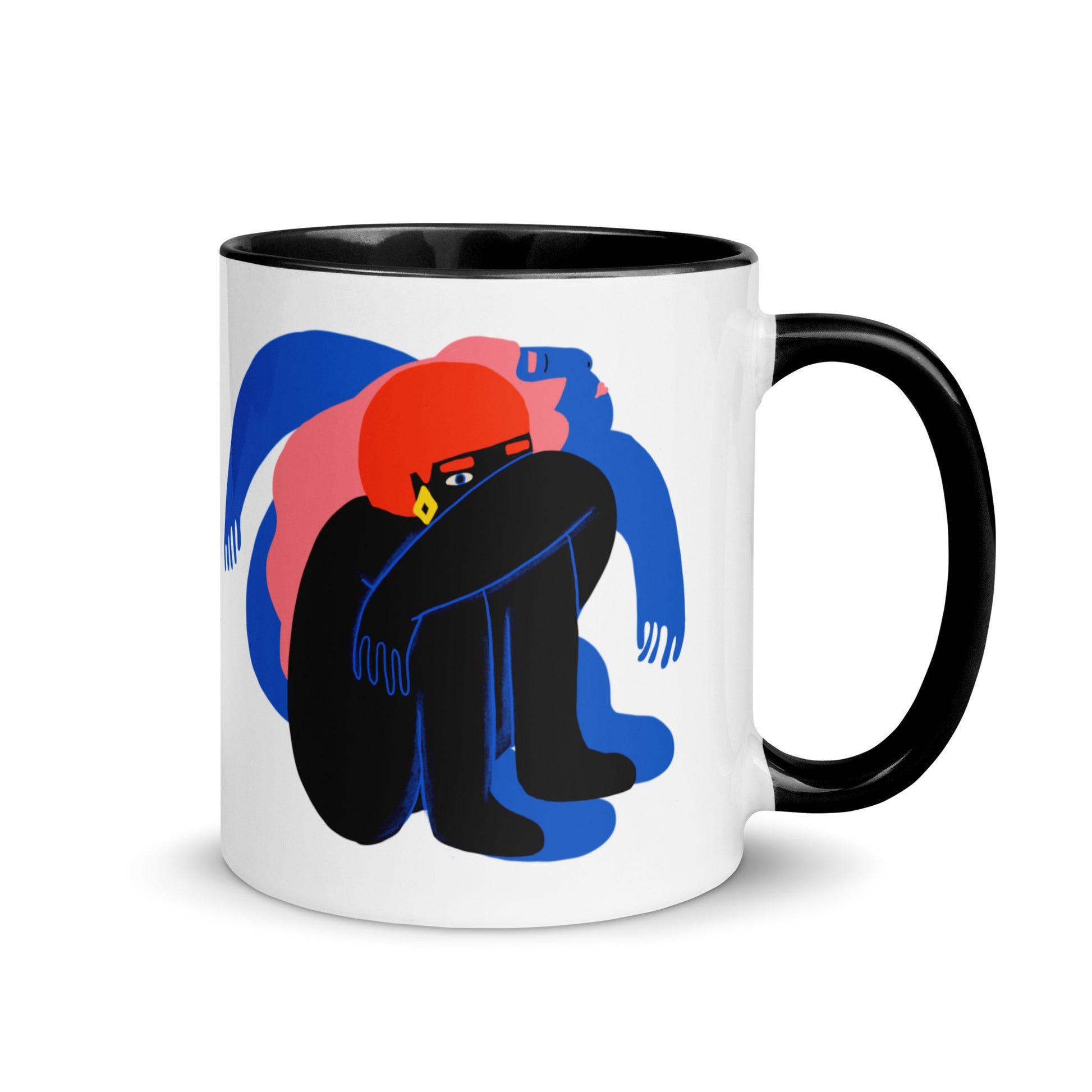 Ceramic coffee mug with "Flying Somewhere" artwork, featuring a simple, empowering design and colorful rim, handle, and interior.