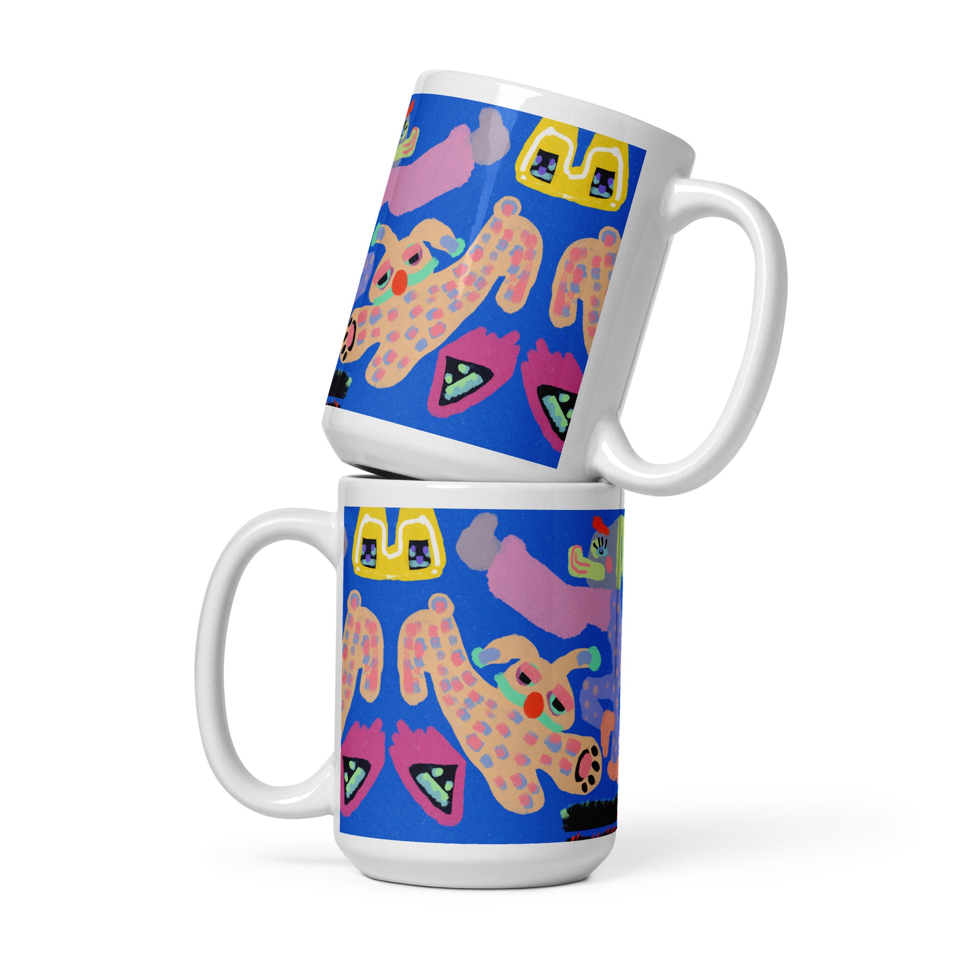 Glossy white ceramic mug featuring whimsical "Night With My Rabbit" artwork, dishwasher and microwave safe.