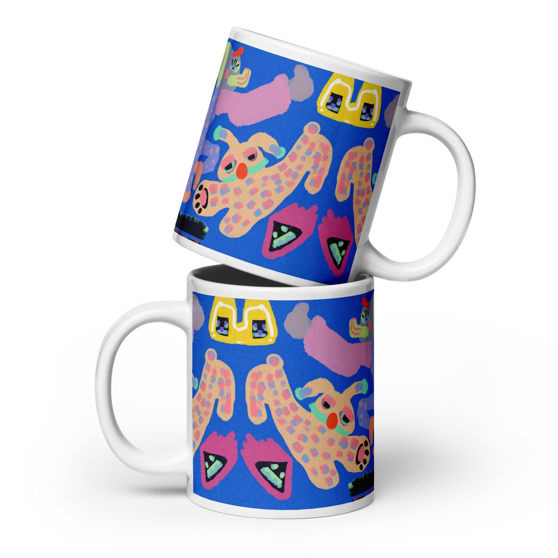 Surreal "Night With My Rabbit" art mug in glossy white, perfect for coffee or tea, with a wonderfully offbeat and whimsical design.